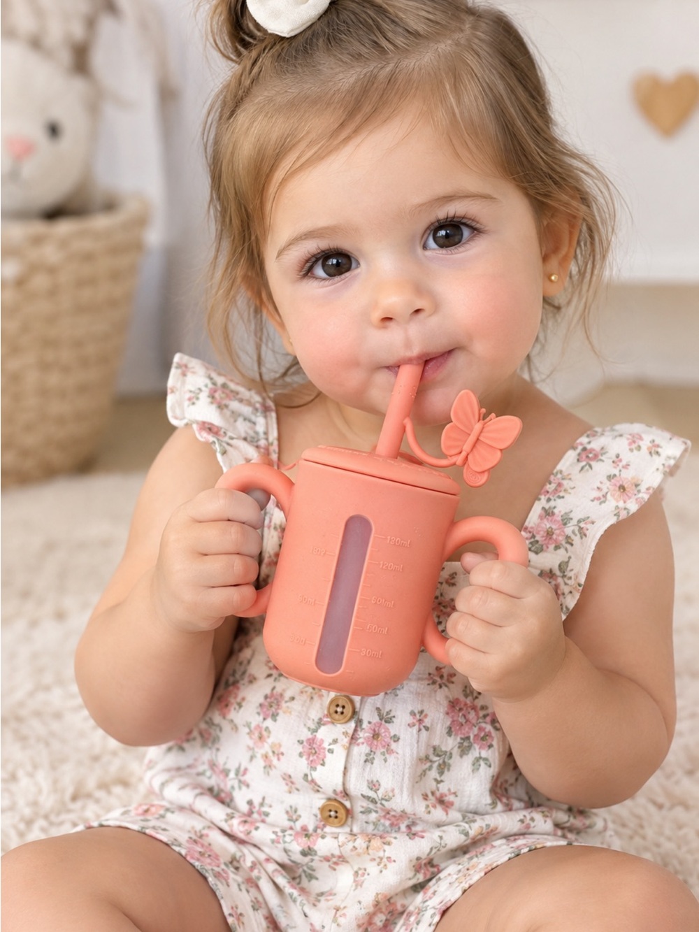 Coral Silicone Training Cup with Butterfly Straw
